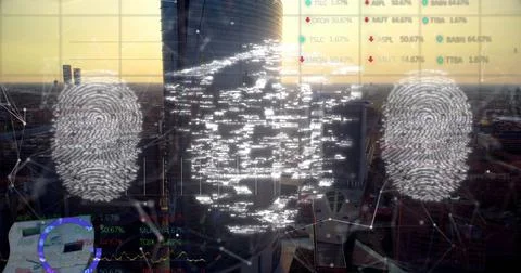 Image of data processing and padlock icon over cityscape 스톡 사진