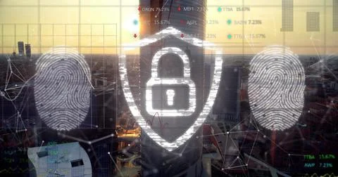 Image of data processing and padlock icon over cityscape 写真素材
