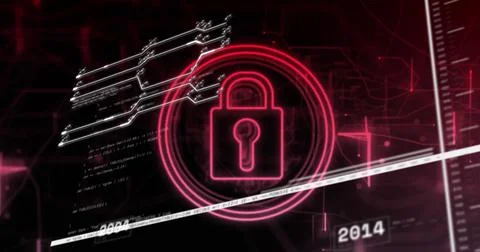 Image of data processing and padlock over black background 스톡 사진