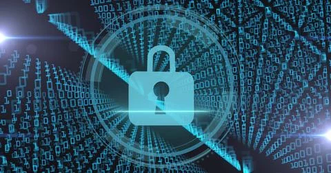 Image of data processing and padlock over black background 写真素材