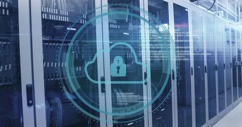 Image of data processing and padlock over server room 写真素材