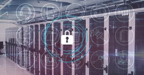 Image of data processing and padlock over server room 스톡 사진
