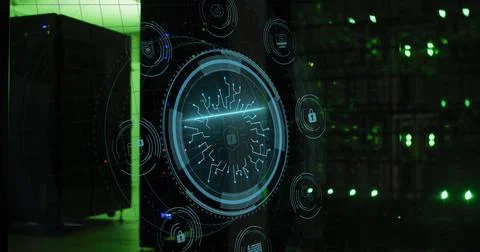 Image of data processing and padlock over server room 스톡 사진