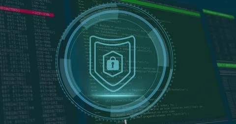 Image of data processing and padlock over blue background Stock Photos