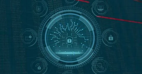 Image of data processing and padlock over blue background Stock Photos