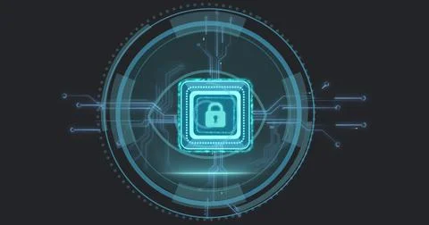 Image of data processing and padlock over black background 스톡 사진