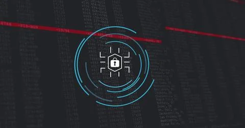 Image of data processing and padlock over black background Foto stock