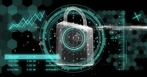 Image of data processing and padlock over scopes scanning 写真素材