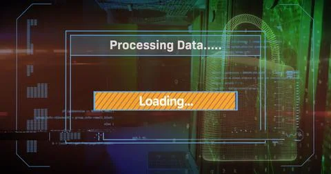Image of data processing and padlock icon over server room Stock Photos