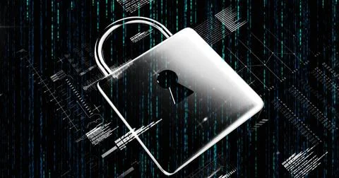 Image of data processing and padlock over black background Stock Photos