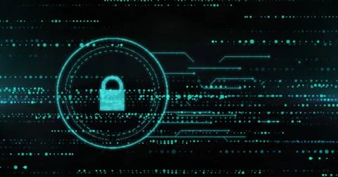 Image of data processing and padlock over black background Stockfoto's