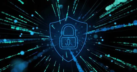 Image of data processing and padlock over black background Stock Photos