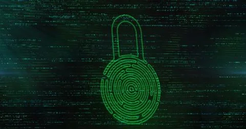 Image of data processing and padlock over black background 스톡 사진