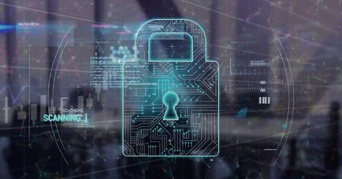 Image of data processing and padlock over city Stock Photos