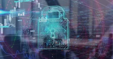 Image of data processing and padlock over city 写真素材