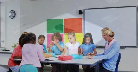 Image of data processing and padlock over caucasian female teacher with diverse 스톡 사진