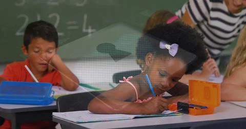 Image of data processing and padlock over caucasian female teacher with diverse Foto stock