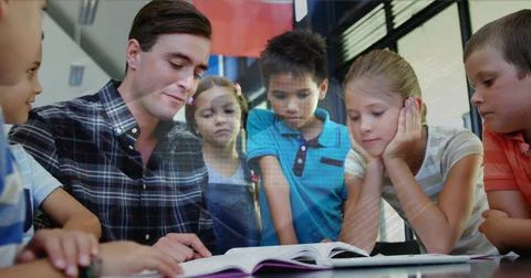 Image of data processing and padlock over caucasian male teacher with diverse 스톡 사진