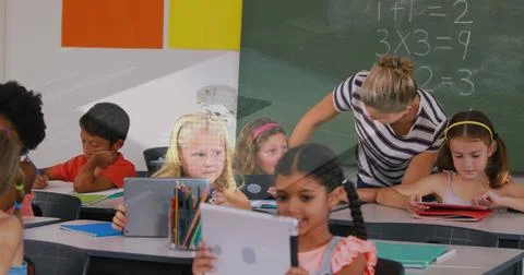 Image of data processing and padlock over caucasian female teacher with diverse Stock Photos