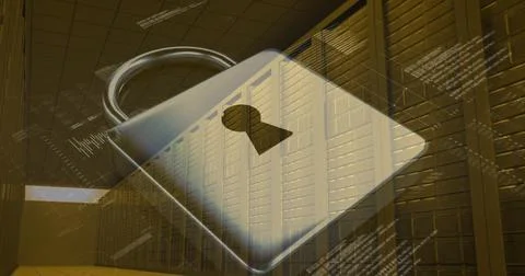 Image of data processing and padlock over server room Stock Photos