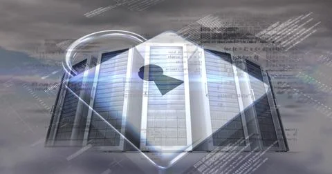 Image of data processing and padlock over sky and server room 스톡 사진
