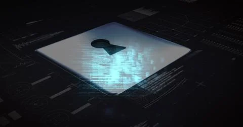 Image of data processing and padlock icon over server room 스톡 사진