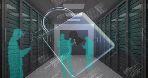 Image of data processing and padlock icon over server room Stockfoto's
