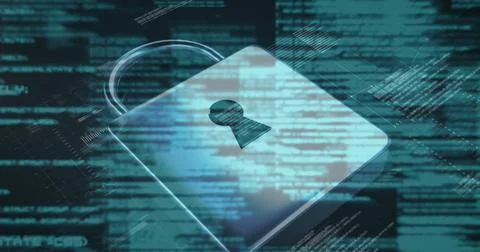 Image of data processing and padlock icon over server room 스톡 사진