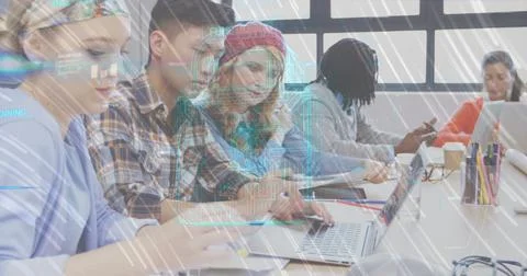 Image of data processing and padlock icon over diverse business people in office Stock Photos