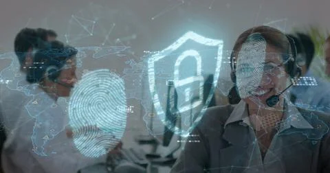 Image of data processing and padlock over caucasian business people in office Stock Photos