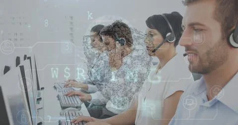 Image of data processing and padlock over caucasian business people in office Stockfoto's