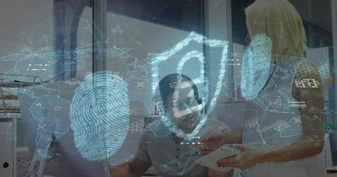 Image of data processing and padlock over caucasian business people in office Stock Photos