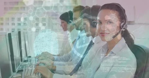 Image of data processing and padlock over caucasian business people in office 写真素材
