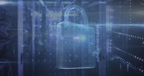 Image of data processing and padlock over server room Stock Photos