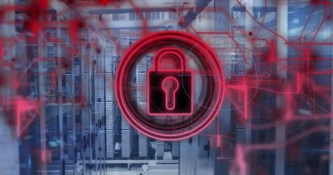 Image of data processing and padlock over server room Stock Photos