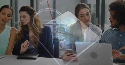 Image of data processing and padlock over diverse business people discussing 스톡 사진