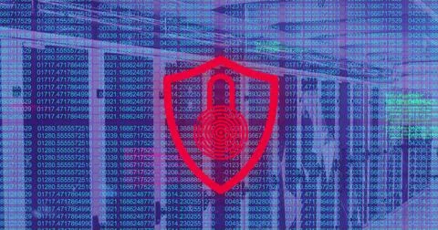 Image of data processing and padlock over server room 스톡 사진
