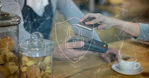 Image of data processing and padlock over hands paying with smartphone Stock Photos