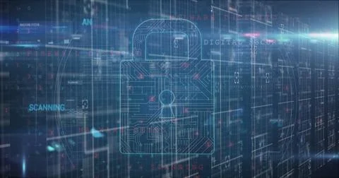 Image of data processing and padlock on blue background 스톡 사진