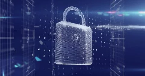 Image of data processing and padlock on blue background 스톡 사진