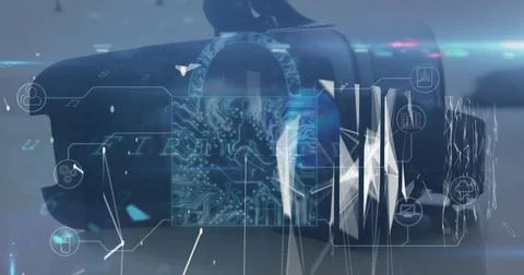 Image of data processing and padlock over vr headset Stock Photos