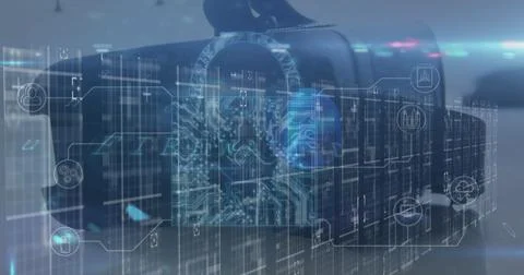 Image of data processing and padlock over vr headset Stock Photos