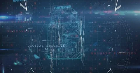 Image of data processing and padlock on blue background Foto stock