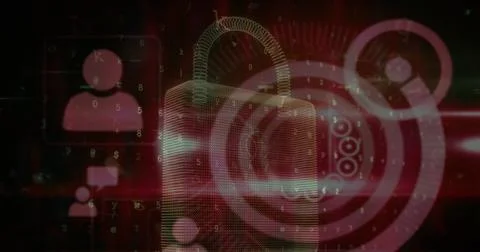 Image of data processing and padlock on black background Stock Photos