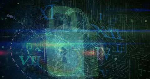 Image of data processing and padlock on black background Stockfoto's