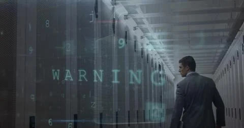 Image of data processing and padlock icon over caucasian businessman in server 스톡 사진