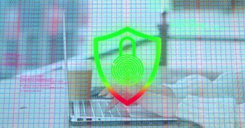 Image of data processing and padlock over hands using laptop Stock Photos