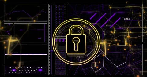 Image of data processing and padlock icon over dark background Stock Photos
