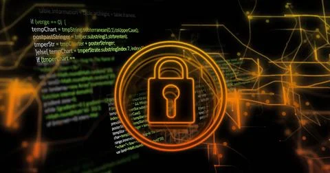 Image of data processing and padlock icon over dark background 写真素材