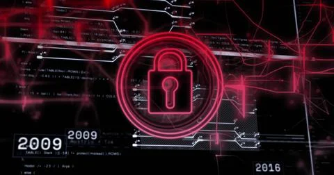 Image of data processing and padlock icon over dark background Foto stock